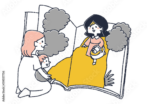 子供に童話を読み聞かせする母親　読書を楽しみ様々な疑似体験をする人々