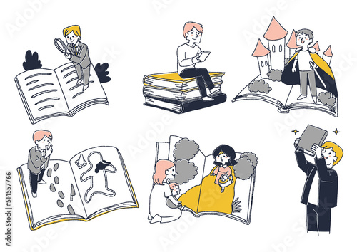 読書を楽しみ様々な疑似体験をする人々のセット
