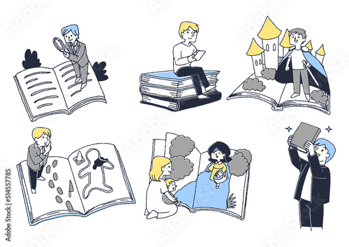 読書を楽しみ様々な疑似体験をする人々のセット