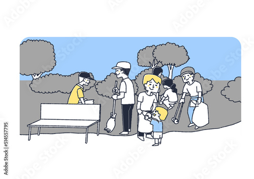 公園のゴミ拾いや掃除をする人々　街の美化活動に携わる住民たち　