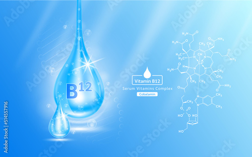 Serum vitamin B12 liquid gel drop and structure. Collagen complex with chemical formula from nature skin care vitamins. Medical scientific concept. On blue background 3D realistic vector EPS10.