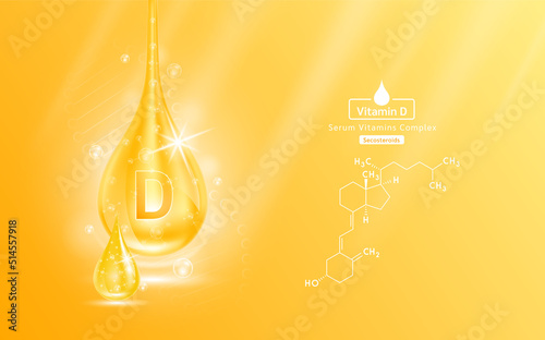 Serum vitamin D liquid gel drop and structure. Collagen complex with chemical formula from nature skin care vitamins. Medical scientific concept. On orange background 3D realistic vector EPS10.