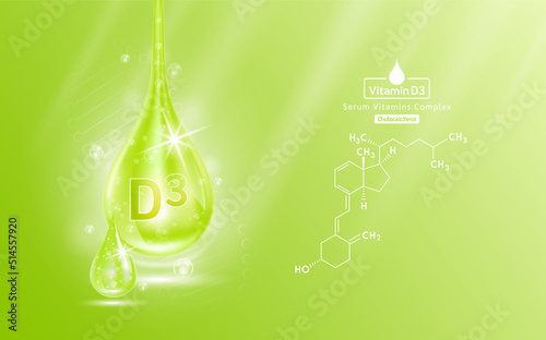 Serum vitamin D3 liquid gel drop and structure. Collagen complex with chemical formula from nature skin care vitamins. Medical scientific concept. On green background 3D realistic vector EPS10.