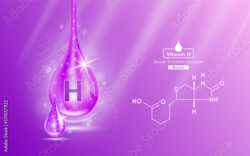 Serum vitamin ็ liquid gel drop and structure. Collagen complex with chemical formula from nature skin care vitamins. Medical scientific concept. On purple background 3D realistic vector EPS10.