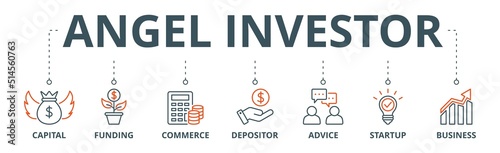 Angel investor banner web icon vector illustration concept of business angel, informal investor, investment founder with icon of capital, funding, commerce, depositor, advice, startup and business