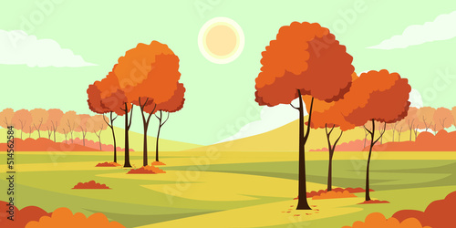 panorama of autumn season landscape with trees, hill, at the rural place in warm color