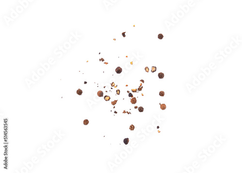Ground black pepper isolated, top view, white background.