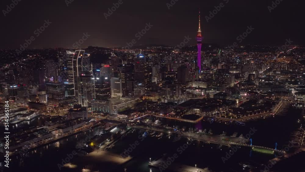Aerial: Auckland city skyline at night, New Zealand Aerial: Auckland city skyline at night, New Zealand