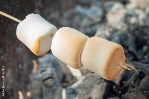 on wooden skewers over hot coals, a sweet marshmallow delicacy close-up, popular in the USA for barbecue.