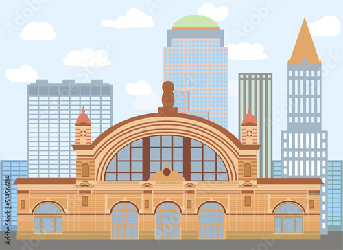 Frankfurt, Germany. The facade of the Frankfurt Hauptbahnhof railway station building. Germany architecture buildings and travel landmarks of Frankfurt. Vector flat illustration.