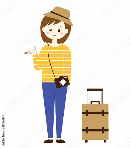 旅行に行く女性のイラストとキャリーバッグ
