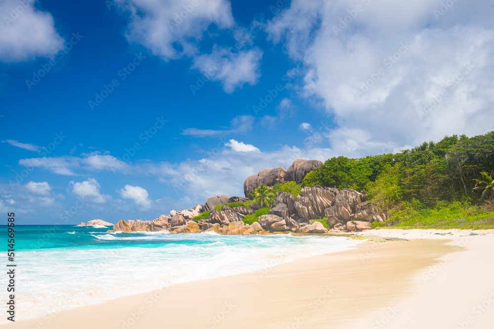 Grand Anse beach on far side of La Digue island, Seychelles