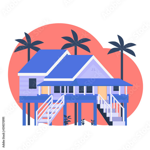 Illustration of a house on stilts in the countryside