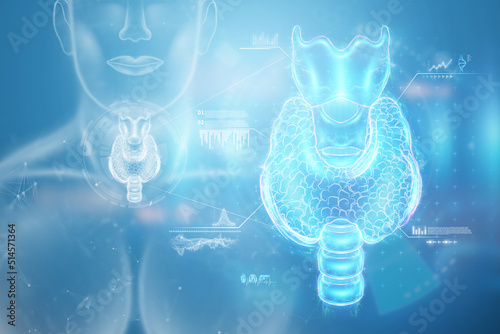 Thyroid gland, hologram on a blue background with medical indicators. Ultrasound diagnostics, thyroid diseases. 3D render, 3D illustration.