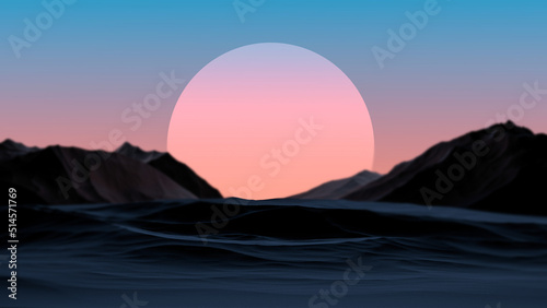 Futuristic landscape.Bright orange planet against mountains with blurry background. Abstract retro minimalism relief mountain landscape with blurred background.3D render.