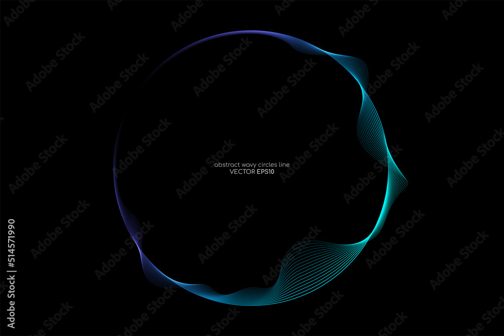 Vector abstract circle frame with wave lines pattern flowing in blue green colors isolated on black background in concept of music, technology, ai