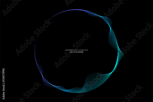 Vector abstract circle frame with wave lines pattern flowing in blue green colors isolated on black background in concept of music, technology, ai