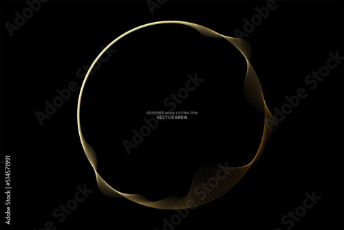 Vector abstract circle frame with wave lines pattern flowing gold colors isolated on black background in concept of music, technology, ai