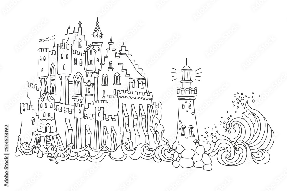 Vector contour thin line landscape illustration. Lighthouse island, fairy tale castle town, sea waves. Adults and children coloring book page