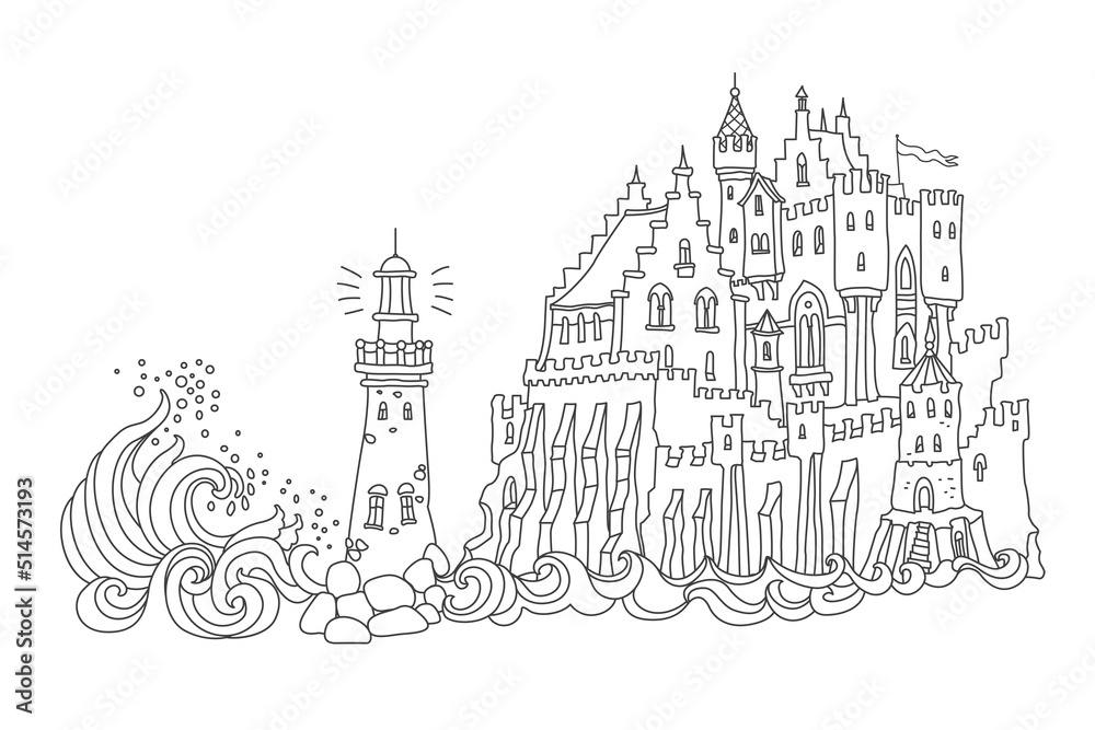 Vector contour thin line landscape illustration. Lighthouse island, fairy tale castle town, sea waves. Adults and children coloring book page