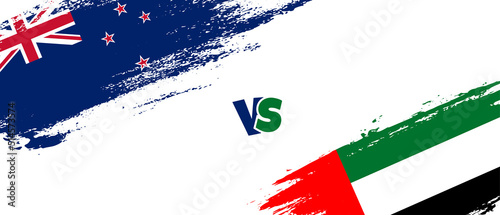 Creative New Zealand vs United Arab Emirates brush flag illustration. Artistic brush style two country flags relationship background