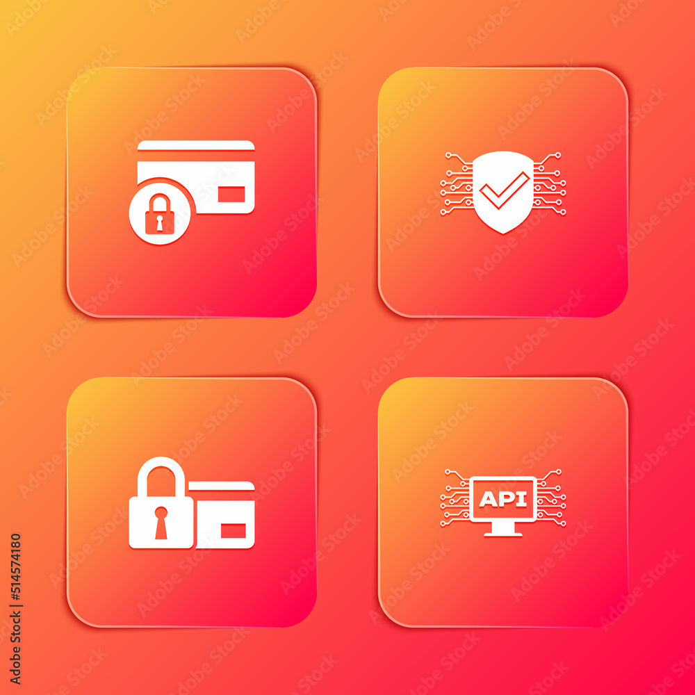 Set Credit card with lock, Cyber security, and Computer api interface icon. Vector Set Credit card with lock, Cyber security, and Computer api interface icon. Vector