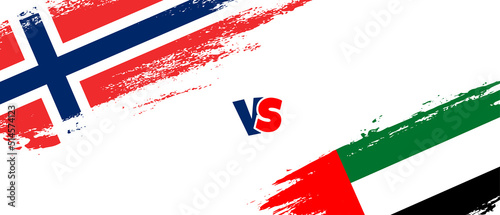 Creative Norway vs United Arab Emirates brush flag illustration. Artistic brush style two country flags relationship background