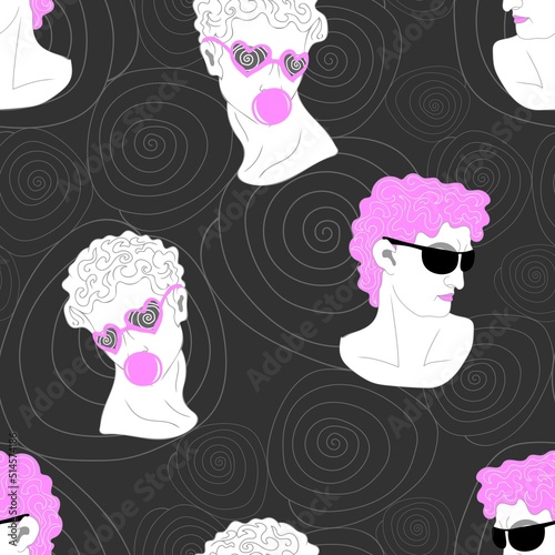 Seamless pattern with hipster ancient greek sculptures. Stylized design in a modern psychedelic style. Fashionable template for printed, textiles, wallpaper and packaging. Vector illustration