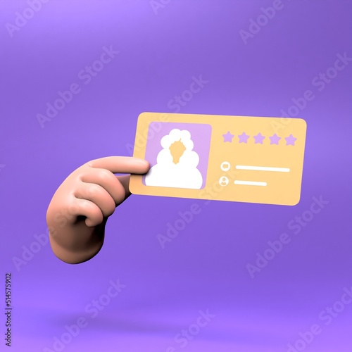 Hand holding Candidate profile icon with a rating. 3d render illustration.
