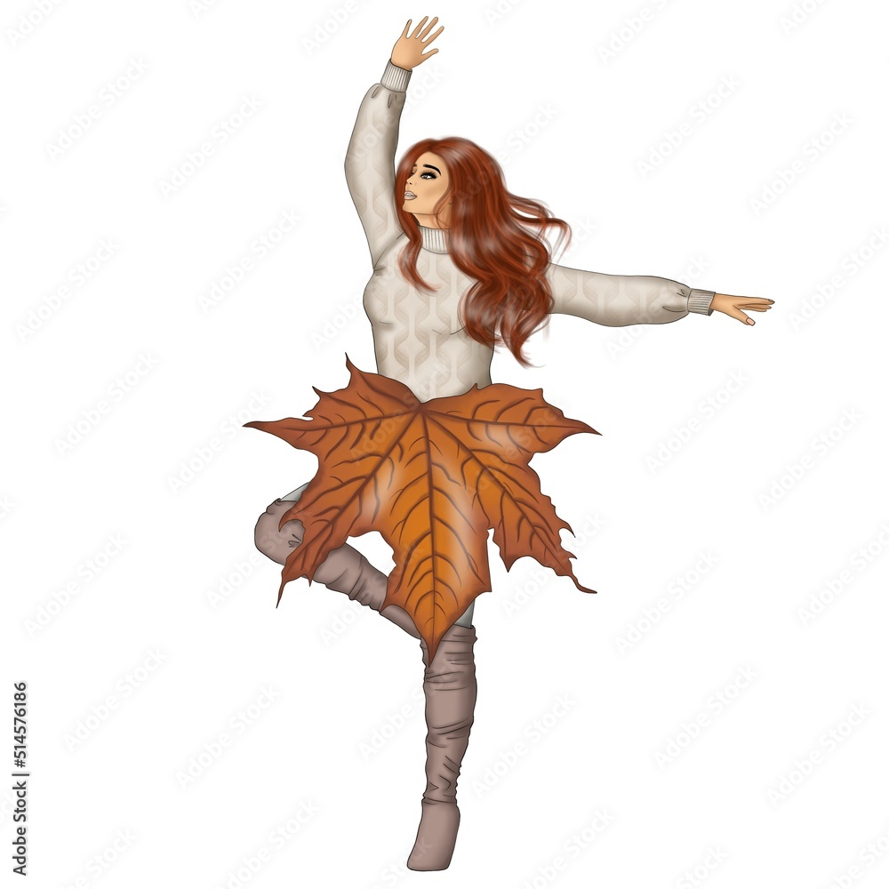 Obraz premium Red Hair Autumn Girl With Autumn Leaf Background Hand Drawn Illustration