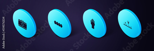 Set Isometric Mold, Hand with psoriasis or eczema, Chicken egg in box and First aid kit icon. Vector