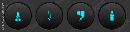 Set Scissors, Eyebrow tweezers, Hair dryer and Nail polish bottle icon. Vector