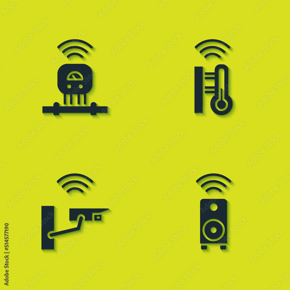 Set Smart sensor, stereo speaker, security camera and thermometer icon. Vector Set Smart sensor, stereo speaker, security camera and thermometer icon. Vector