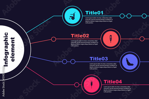 Set Wheelchair for disabled person, Medical digital thermometer, Inhaler and Syringe. Business infographic template. Vector
