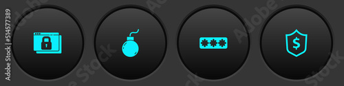 Set Secure your site with HTTPS, SSL, Bomb ready to explode, Password protection and Shield dollar icon. Vector