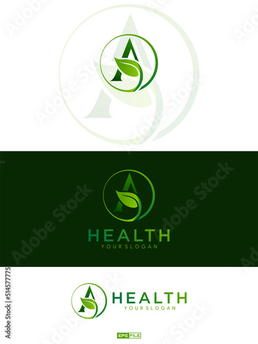 Beautiful logo with initial letter A with leaf shape for health logo