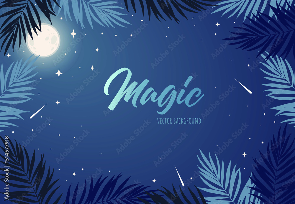 Fototapeta premium Magic blue background with moon, leaves, stars, place for text. Astrological banner with stars, cosmic pattern. Vector illustration