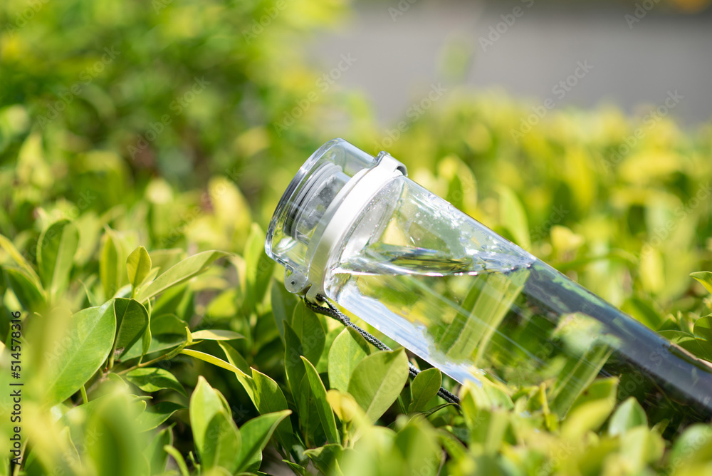 Closeup of recycled plastic water bottles on green leaves with green blurred background.