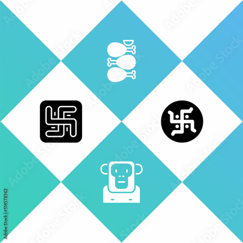 Set Hindu swastika, Monkey, Tandoori chicken and icon. Vector