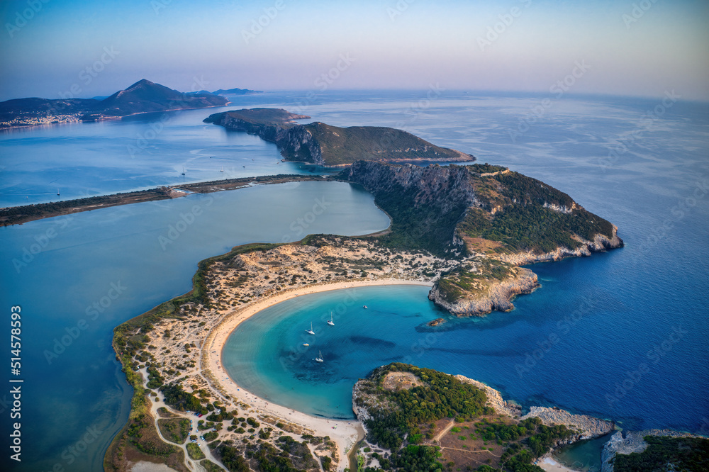 Panoramic aerial view of voidokilia beach, one of the best beaches in
