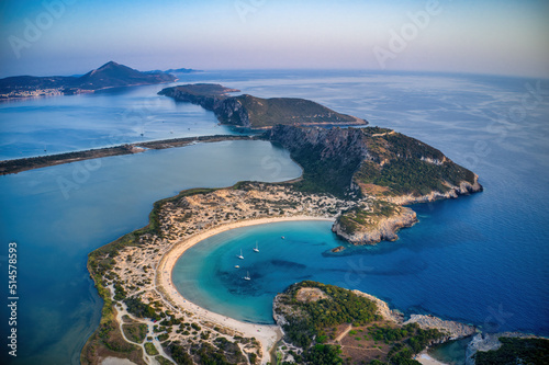 Panoramic aerial view of voidokilia beach, one of the best beaches in mediterranean Europe, beautiful lagoon of Voidokilia from a high point of view, Messinia, Greece photo