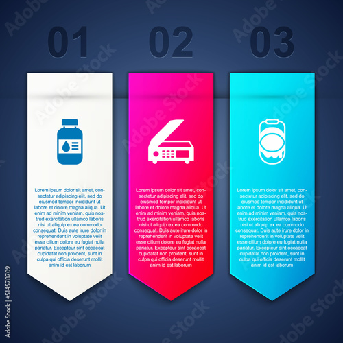 Set Printer ink bottle, Scanner and Paint bucket. Business infographic template. Vector
