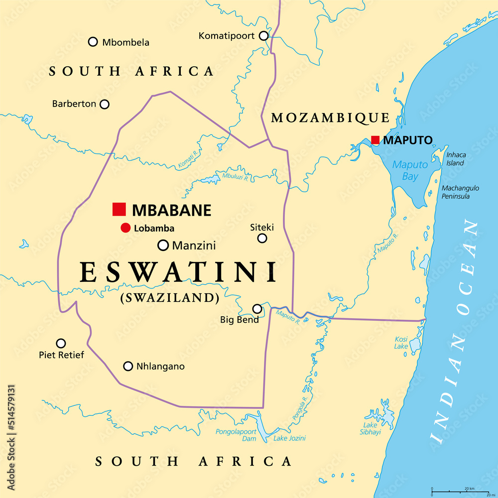 Eswatini, formerly named Swaziland, political map, with the capitals Mbabane (executive) and Lobamba (legislative). Landlocked country in Southern Africa, bordered by Mozambique and and South Africa.