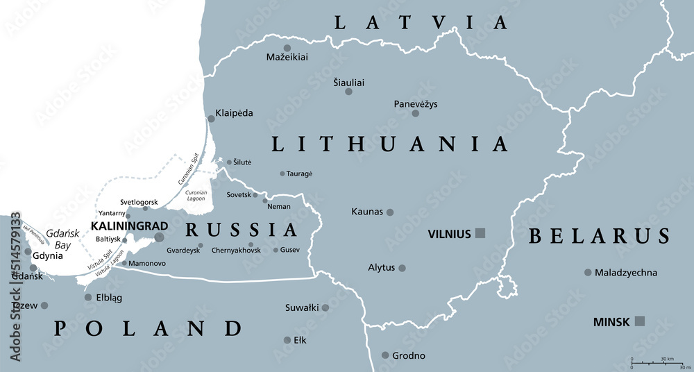 Lithuania and Kaliningrad, gray political map, with capitals and