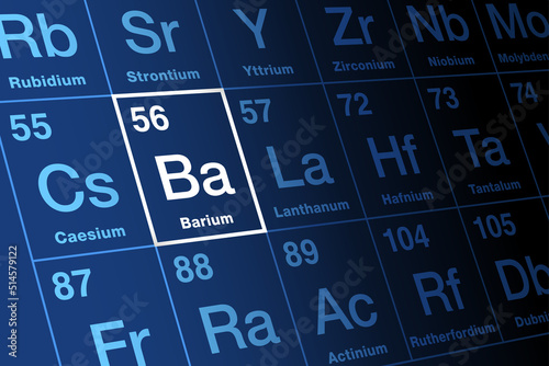 Barium, on periodic table of the elements. Alkaline earth metal, with symbol Ba, and atomic number 56. Barium sulfate is used as X-ray radiocontrast agent for imaging the human gastrointestinal tract. photo