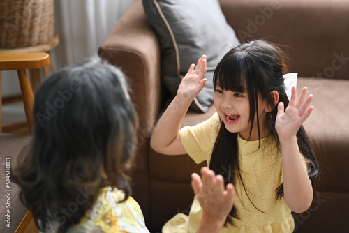 Joyful little girl playing with mature grandmother in living room. Loving family relationship concept