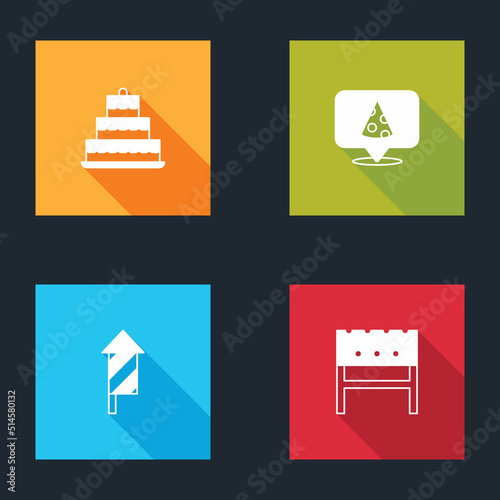 Set Cake with burning candles, Slice of pizza, Firework rocket and BBQ brazier icon. Vector