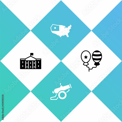 Set United States Capitol Congress, Cannon, USA map and Balloons icon. Vector
