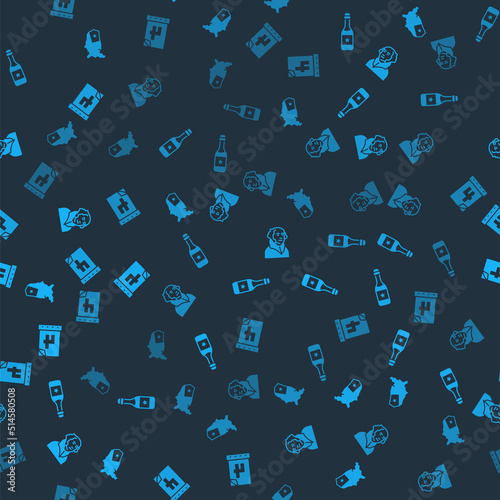 Set USA map, Champagne bottle, George Washington and Calendar with date July 4 on seamless pattern. Vector