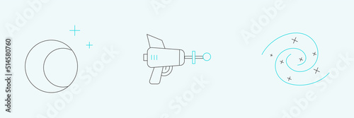 Set line Black hole, Moon and stars and Ray gun icon. Vector